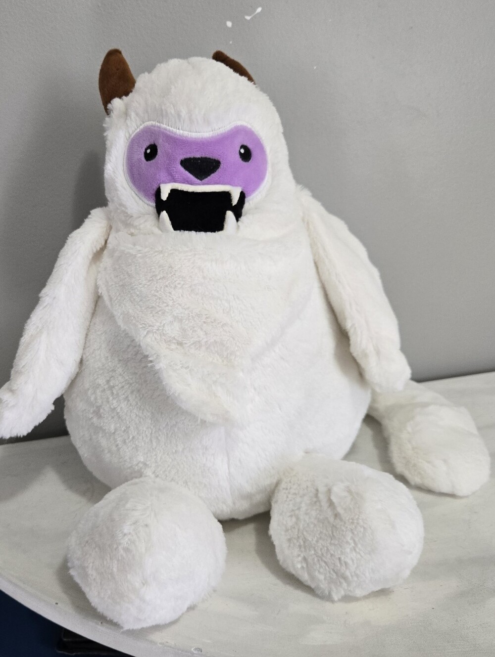 Ty White Plush Snow Monster Yeti with Purple Face Accent and Brown Horns